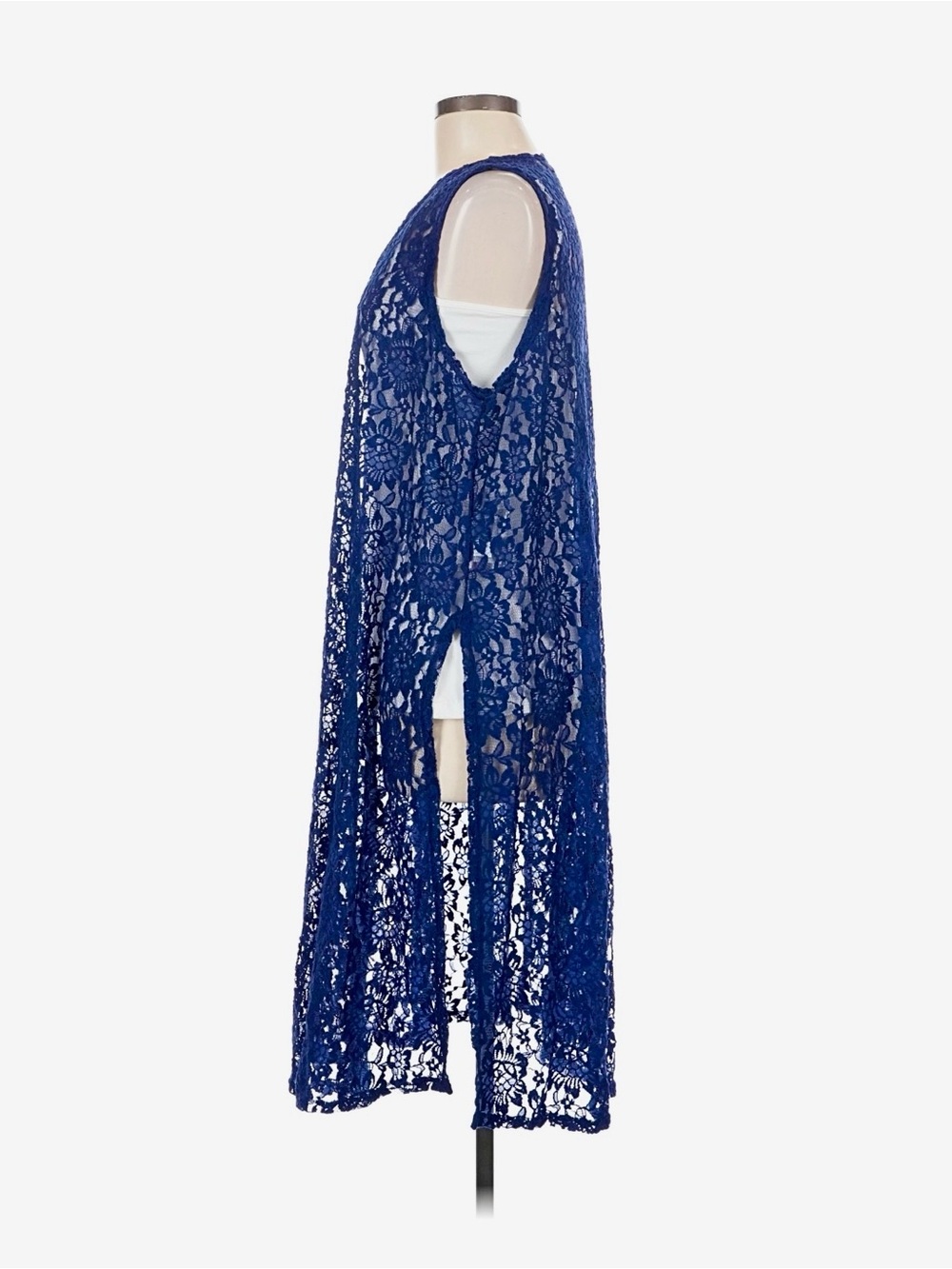 LuLaRoe Royal Blue Floral Lace Long Sleeveless Duster Vest | Medium | Open Front